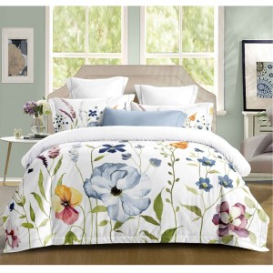 Lenjerie pat dublu, Primăvara,  FINET, Cearsaf cu Elastic 180x200cm, 4 piese, Alb,model elegant cu flori, - Lux Absolut, Delicatețe și Eleganță Desăvârșită