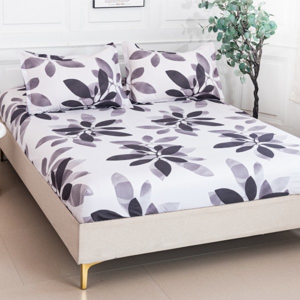 Cearsaf cu Elastic 180x200 cm + 2 Fete de Perna 50x70 cm, Alb, Frunze Gri [1]