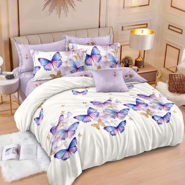 Lenjerie pat dublu (140x200cm, 160x200cm, 180x200cm),  FINET, 6 piese, Lila, Crem, fluturi [1]