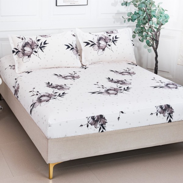 Cearsaf cu Elastic 180x200 cm + 2 Fete de Perna 50x70 cm, Alb, Flori [1]