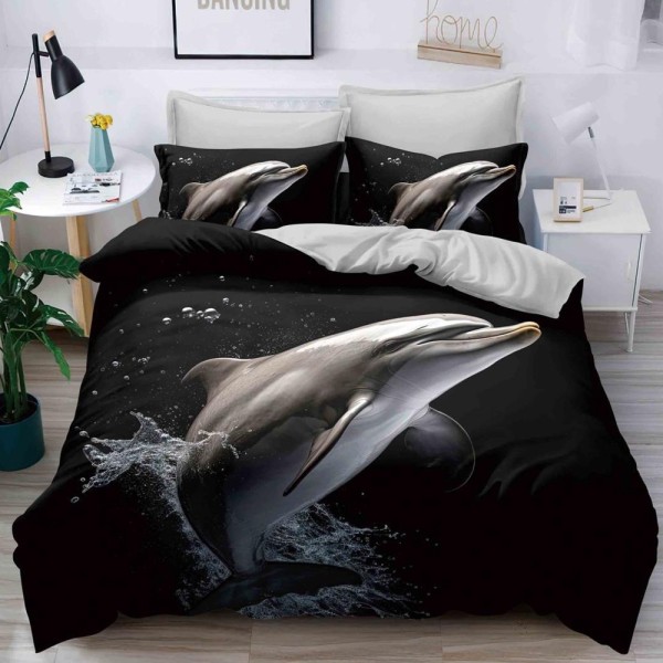 Lenjerie pat dublu cu ELASTIC (160x200cm, 180x200cm), microfibra, imprimeu 3D, Negru, delfini [1]