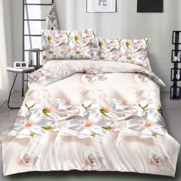 Lenjerie pat dublu cu ELASTIC (160x200cm, 180x200cm), microfibra, imprimeu 3D, Crem, magnolii [1]