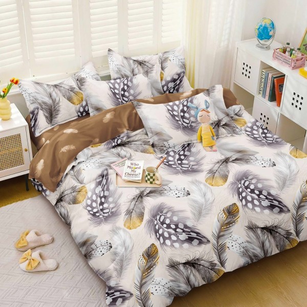 Lenjerie pat dublu cu Elastic (160x200cm si 180x200cm), bumbac satinat, Crem, pene [1]