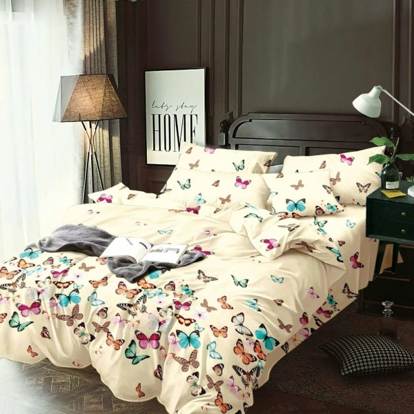 Lenjerie pat dublu (140x200cm, 160x200cm, 180x200cm), FINET, 6 piese, Crem, fluturi [1]