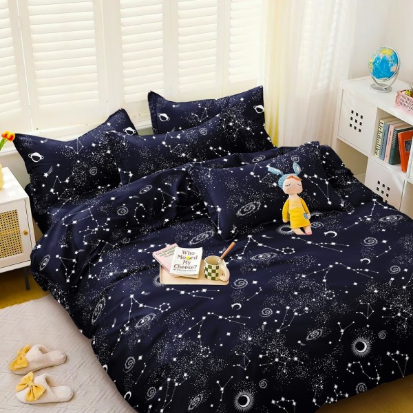 Lenjerie pat dublu cu Elastic (160x200cm si 180x200cm), bumbac satinat, Bleumarin, stelute [1]
