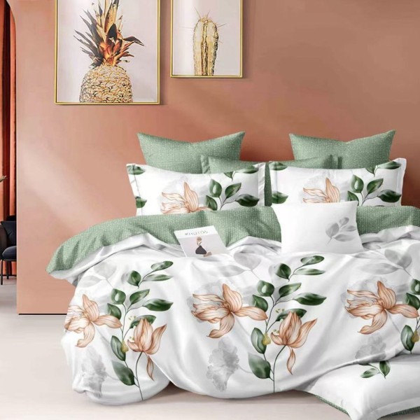 Lenjerie pat dublu (140x200cm, 160x200cm, 180x200cm), FINET, 6 piese, Alb, Verde, flori [1]