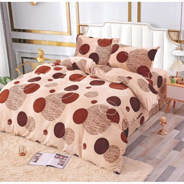 Lenjerie pentru Pat Dublu, Cocolino Premium, 4 Piese – Plușată, Groasă, și Călduroasă, Ideală pentru Iarnă –  Confort Maxim, Antișifonare, Bej, Maro, Buline [1]