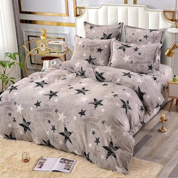 Lenjerie pat dublu, Super Pufoasa COCOLINO,cu ELASTIC, 4 piese, Gri, Stelute [1]