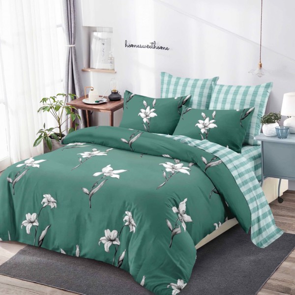 Lenjerie pat dublu,  FINET, cu elastic, 6 piese, Verde, Flori [1]