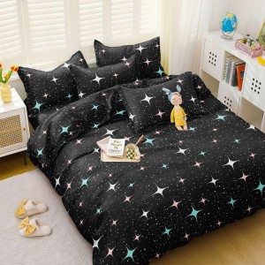 Lenjerie pat dublu (140x200cm, 160x200cm, 180x200cm), bumbac satinat, cearsaf clasic, 4 piese,  Negru, stelute Lenjerie pat dublu (140x200cm, 160x200cm, 180x200cm), bumbac satinat, cearsaf clasic, 4 piese,  Negru, stelute