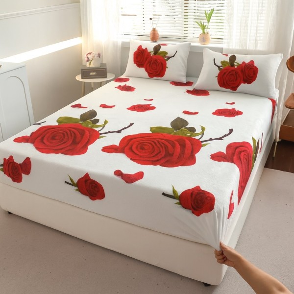 Cearsaf cu Elastic Cocolino 180x200cm si 2 fete de perna 50x70cm, Alb, Trandafiri Rosii [1]