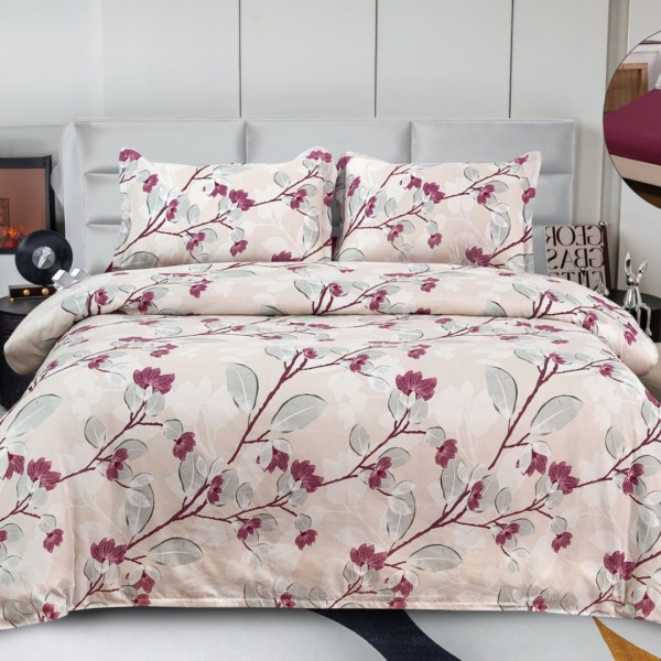 Lenjerie pat dublu, bumbac satinat,  Cearsaf cu ELASTIC 180x200cm, 4 PIESE, Rozaliu, Crengute cu Flori [1]