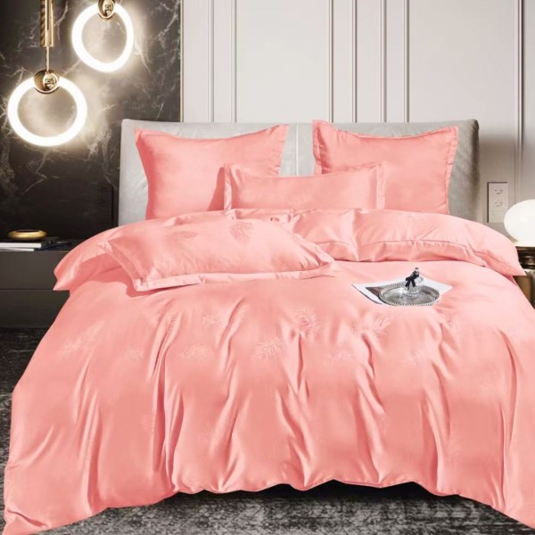 Lenjerie de Pat Dublu cu elastic (140x200cm, 160x200cm, 180x200cm), Jacquard Finetat, 6 Piese, Luciu Satinat Rafinat și Confort Premium, Somon, Pene [1]