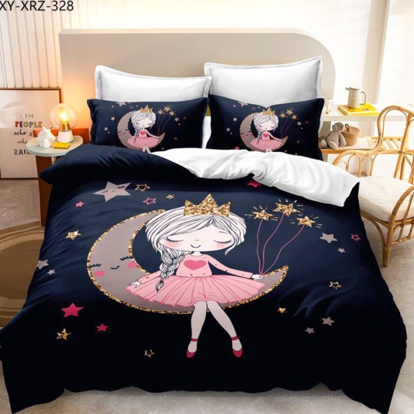 Lenjerie pat 1 PERSOANA (90x200cm, 100x200cm, 120x200cm), BUMBAC FINET, 4 piese, Identică cu Poza, Imprimeu Digital, Bleumarin, Luna, Stele, Printesa [1]
