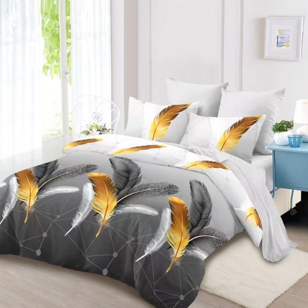 Lenjerie pat dublu (160x200cm, 180x200cm), FINET, cu Elastic, 6 piese, Gri, Degrade, Pene [1]