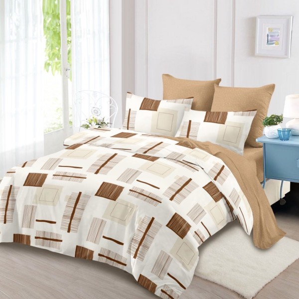 Lenjerie pat dublu (160x200cm, 180x200cm), FINET, cu Elastic, 6 piese, Bej, Maro, Forme Geometrice [1]