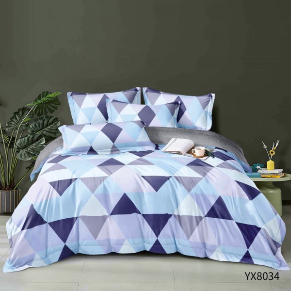 Lenjerie pat 140x200cm,  FINET, cu elastic, 4 piese, Bleu, Albastru, Gri, Forme Geometrice [1]
