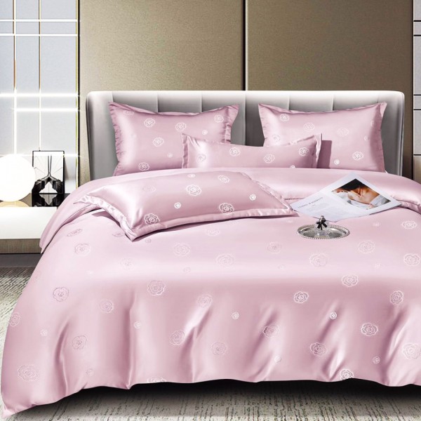 Lenjerie de Pat Dublu cu elastic (140x200cm, 160x200cm, 180x200cm), Jacquard Finetat, 6 Piese, Luciu Satinat Rafinat și Confort Premium, Roz, Flori [1]