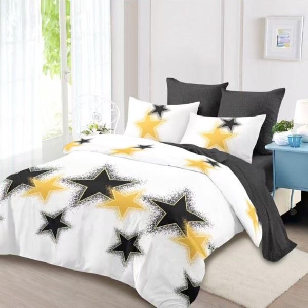 Lenjerie pat dublu (160x200cm, 180x200cm), FINET, cu Elastic, 6 piese, Alb, Negru, Stelute [1]