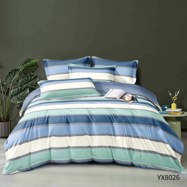 Lenjerie pat 140x200cm,  FINET, cu elastic, 4 piese, Bleu, Albastru, Crem, Dungi [1]