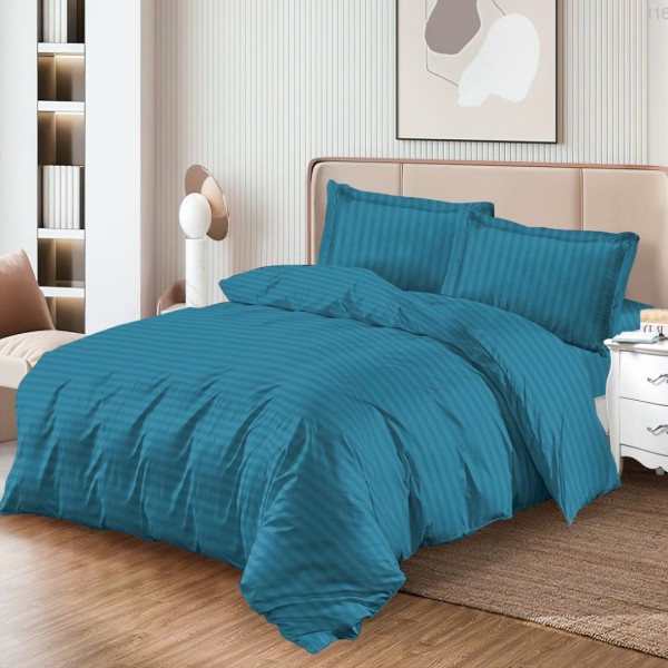 Lenjerie HoReCa, pat dublu (160x200cm, 180x200cm), tip Damasc Finetat Deluxe cu Elastic, 4 piese, Albastru [1]