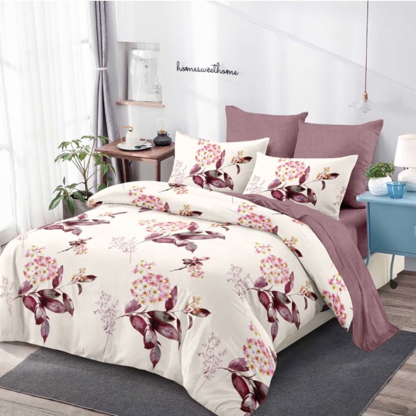 Lenjerie pat dublu (160x200cm, 180x200cm), FINET, cu Elastic, 6 piese, Bej, Movuriu, Flori [1]