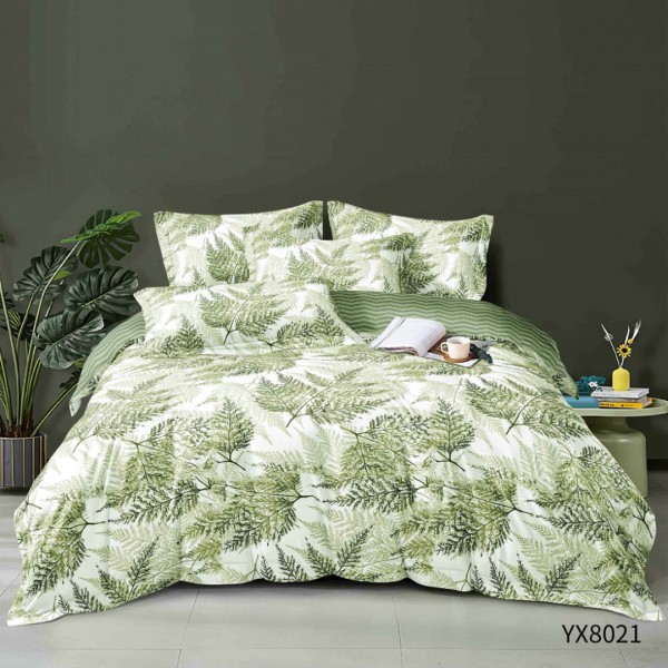 Lenjerie pat 140x200cm,  FINET, cu elastic, 4 piese, Alb, Verde, Frunze [1]