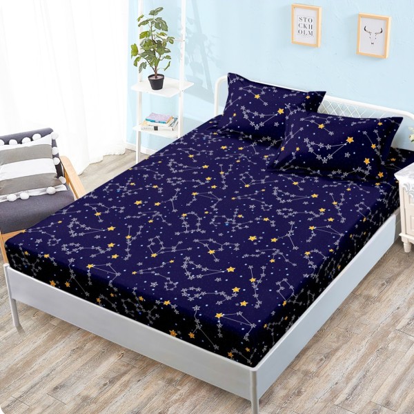 Cearsaf cu elastic, Bumbac FINET, 160x200cm, 2 fete de perne 50x70cm, Albastru, Constelatii [1]