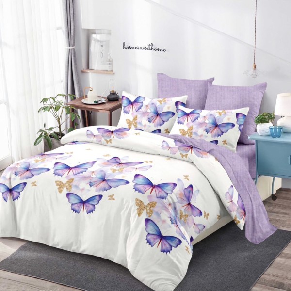Lenjerie pat dublu (160x200cm, 180x200cm), FINET, cu Elastic, 6 piese, Alb, Lila, Fluturi [1]
