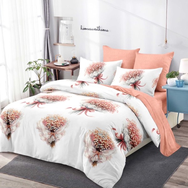 Lenjerie pat dublu (160x200cm, 180x200cm), FINET, cu Elastic, 6 piese, Alb, Somon, Buchete de Flori [1]