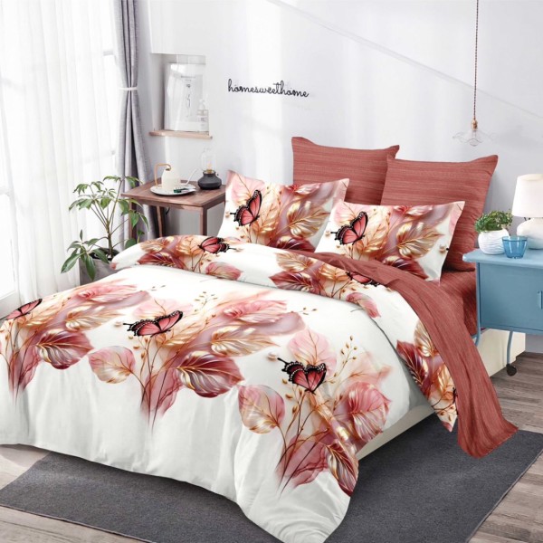 Lenjerie pat dublu (160x200cm, 180x200cm), FINET, cu Elastic, 6 piese, Alb, Vișiniu, Frunze, Fluturi [1]