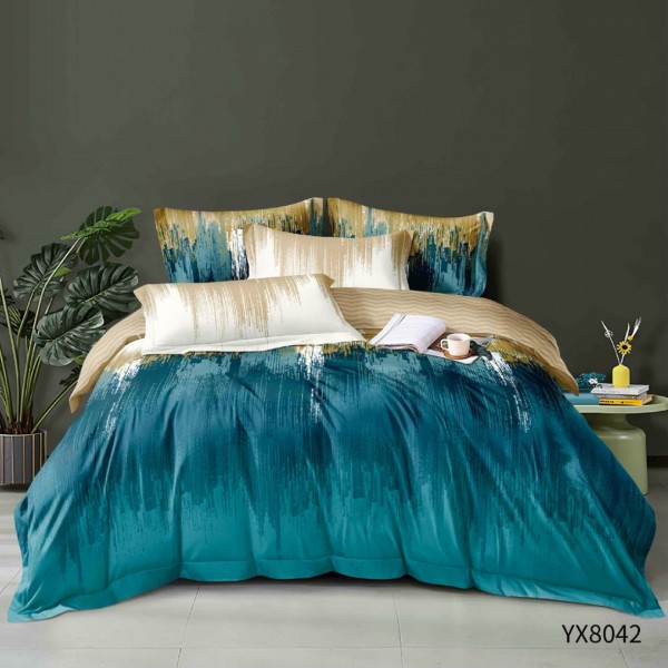 Lenjerie pat 140x200cm,  FINET, cu elastic, 4 piese, Bej, Verde, Model Abstract [1]