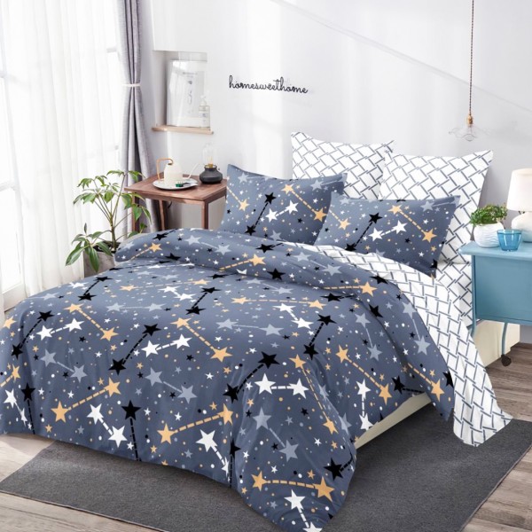 Lenjerie Pat Dublu (140x200cm, 160x200cm, 180x200cm), FINET, 6 piese, Albastru, Alb, Stelute [1]