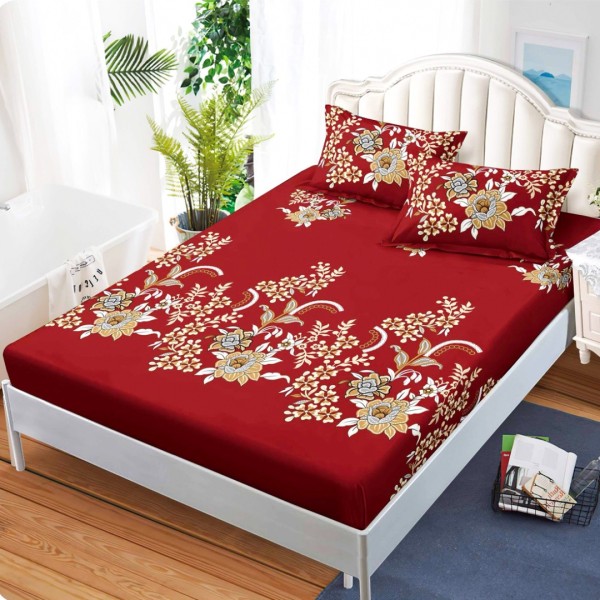 Cearsaf cu elastic, Bumbac FINET, 160x200cm, 2 fete de perne 50x70cm, Grena, Bej, Flori [1]
