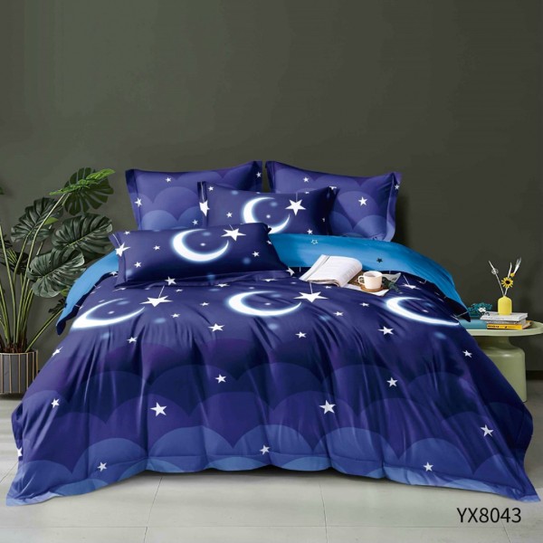 Lenjerie pat 140x200cm,  FINET, cu elastic, 4 piese, Albastru, Norișori, Luna si Stele [1]