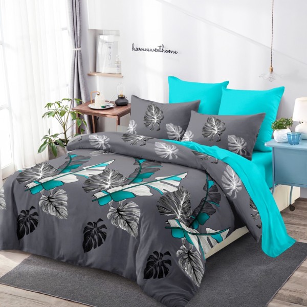 Lenjerie pat dublu (160x200cm, 180x200cm), FINET, cu Elastic, 6 piese, Gri, Turquoise, Frunze [1]