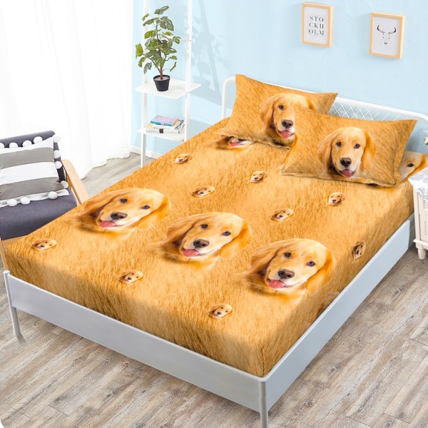 Cearsaf cu elastic, Bumbac FINET, 160x200cm, 2 fete de perne 50x70cm, Bej, Golden Retriever [1]