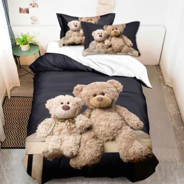 Lenjerie pat 1 PERSOANA (90x200cm, 100x200cm, 120x200cm), BUMBAC FINET, 4 piese, Identică cu Poza, Imprimeu Digital, Gri, Ursuleti [1]