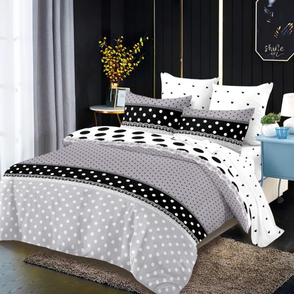 Lenjerie pat dublu (160x200cm, 180x200cm), FINET, cu Elastic, 6 piese, Gri, Alb, Negru, Buline [1]