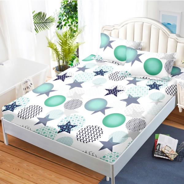 Cearsaf cu elastic, Bumbac FINET, 160x200cm, 2 fete de perne 50x70cm, Alb, Turquoise, Stelute, Buline [1]