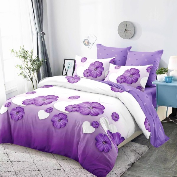 Lenjerie Pat Dublu (140x200cm, 160x200cm, 180x200cm), FINET, 6 piese, Alb, Mov, Flori, Inimioare [1]