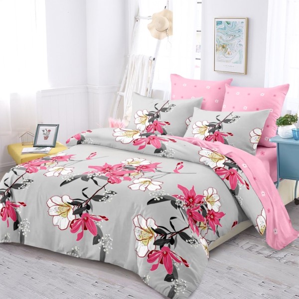 Lenjerie pat dublu (160x200cm, 180x200cm), FINET, cu Elastic, 6 piese, Gri, Roz, Flori [1]