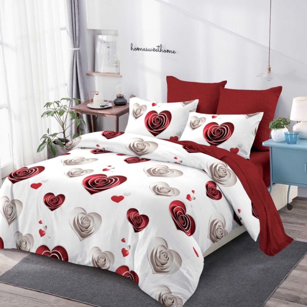 Lenjerie Pat Dublu (140x200cm, 160x200cm, 180x200cm), FINET, 6 piese, Alb, Roșu, Inimioare [1]