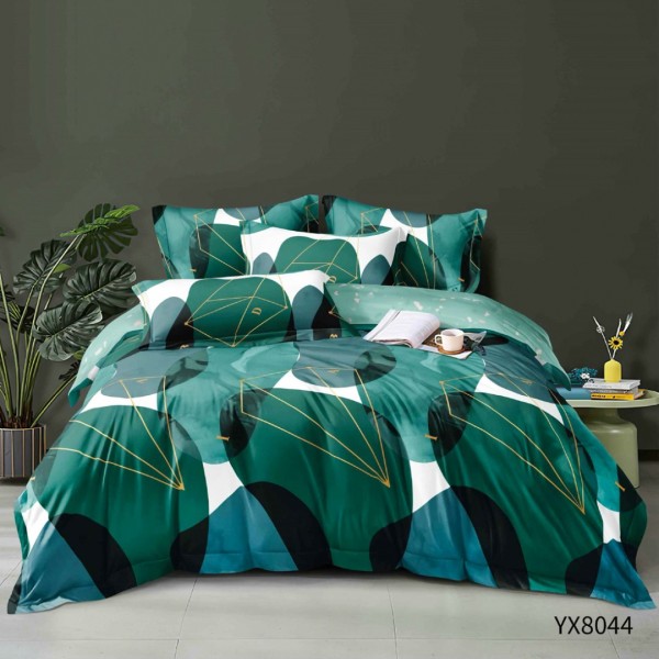 Lenjerie pat 140x200cm,  FINET, cu elastic, 4 piese, Alb, Verde, Model Abstract [1]