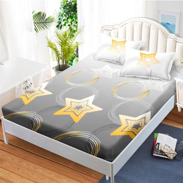 Cearsaf cu elastic, Bumbac FINET, 160x200cm, 2 fete de perne 50x70cm, Gri, Auriu, Stelute [1]
