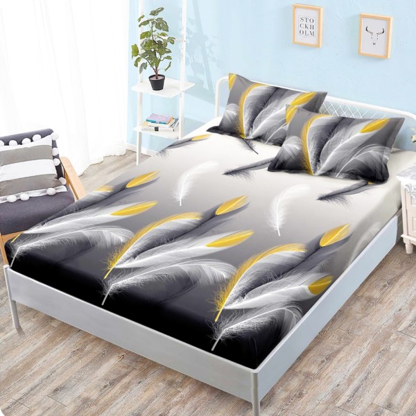 Cearsaf cu elastic, Bumbac FINET, 160x200cm, 2 fete de perne 50x70cm, Gri, Alb, Auriu, Pene [1]
