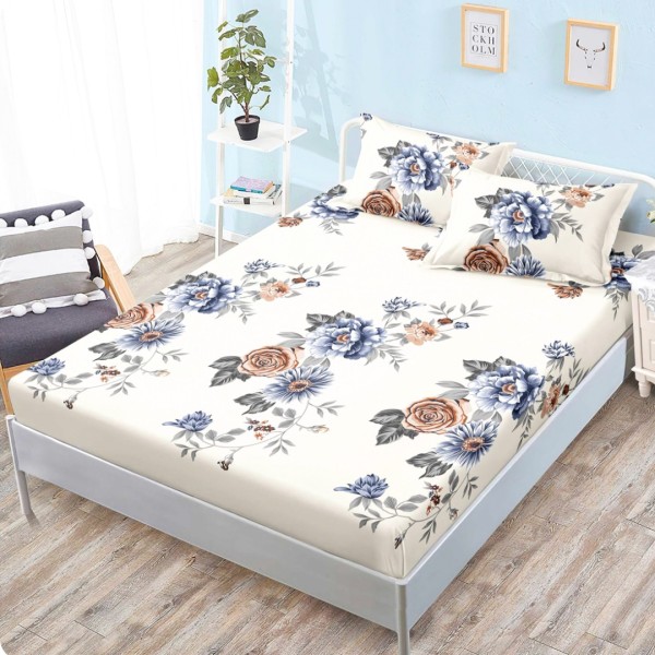 Cearsaf cu elastic, Bumbac FINET, 160x200cm, 2 fete de perne 50x70cm, Crem, Gri, Bej, Flori [1]
