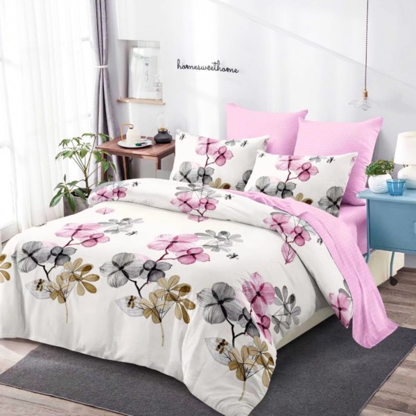 Lenjerie Pat Dublu (140x200cm, 160x200cm, 180x200cm), FINET, 6 piese, Gri, Roz, Trifoi [1]