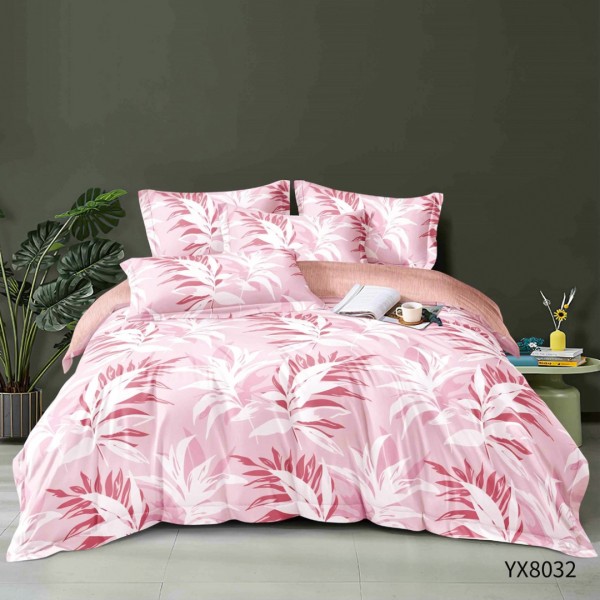 Lenjerie pat 140x200cm,  FINET, cu elastic, 4 piese, Roz, Alb, Frunze [1]