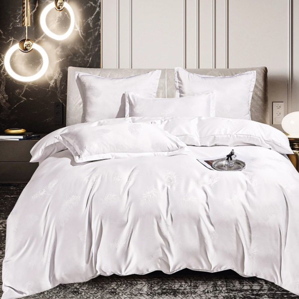 Lenjerie de Pat Dublu (140x200cm, 160x200cm, 180x200cm), Jacquard Finetat, 6 Piese, Luciu Satinat Rafinat și Confort Premium, Alb, Pene [1]